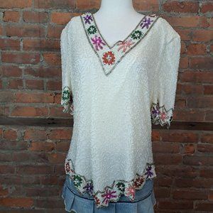 Imperial Handcrefts Silk Beaded Party Cocktail V-neck Short Sleeves Ivory XL